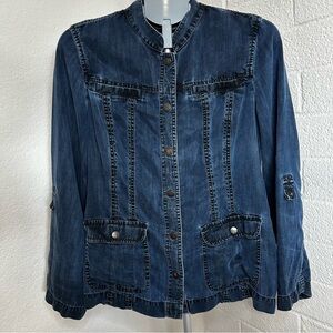 Denim Jean Jacket Coldwater Creek Collarless Roll-up Sleeve Tencel Blue Jacket